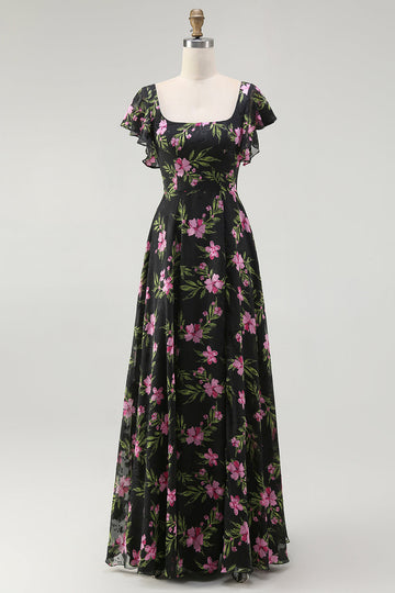 Svart Rosa Blommig En linje Fyrkantig hals Korta ärmar Brudtärna Klänning